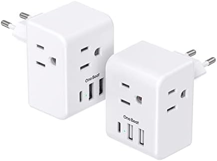 2 Pack European Travel Plug Adapter, International Power Adapter with 3 Outlets 3 USB Charging Ports(1 USB C), Type C Plug Adapter Travel Essentials to Most Europe EU Spain Italy France Germany
