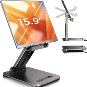 LISEN Tablet Stand for iPad Stand Holder Desk, Foldable Home Office Desk Accessories Travel for iPad Holder Dorm College Room Essentials Portable Monitor Stand Fits Tabs Kindle iPhone 4-15.9" Black