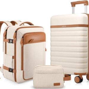 Luggage Sets 3 Piece, Carry On Luggage 20 Inch With Spinner Wheels,PC Hardside Suitcase Set with TSA Lock,Durable Carry On Suitcase With Travel Backpack for Men (Beige, 3 piece set (20inch))