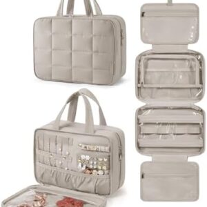 BAGSMART Travel Toiletry Bag with Jewelry Organizer, Hanging Travel Bag for Toiletries, Puffy Makeup Cosmetic Bag Organizer, Carry-on Travel Accessories Essentials, Camel-L