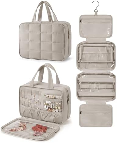 BAGSMART Travel Toiletry Bag with Jewelry Organizer, Hanging Travel Bag for Toiletries, Puffy Makeup Cosmetic Bag Organizer, Carry-on Travel Accessories Essentials, Camel-L