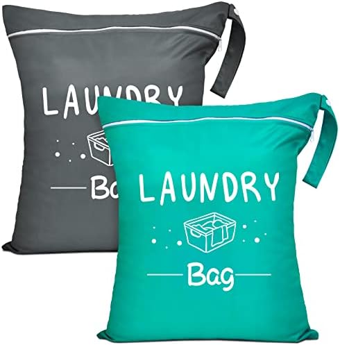 2 Pcs Large Travel Laundry Bags - Waterproof Wet/Dry, Washable, Drawstring, Bathing Suit, Workout, Gym Clothes, Swimming, Yoga - Green, Grey