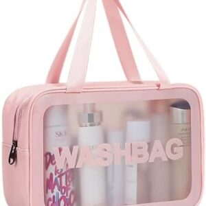 Travel Toiletry Bag for Women, Matte Translucent Toiletry Bag with Handy Handle, Makeup Cosmetic Organizer Bag for Travel Toiletries Accessories (Pink)
