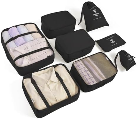 8 Set Packing Cubes for Suitcases Travel Luggage Packing Organizers,Travel Essentials Accessories Luggage Organizer with Shoe Bag Tioletry/Laundry Bag(Black)
