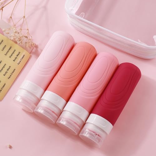 GLAMFIELDS TSA Approved Travel Bottles for Toiletries, 3oz Size Leak Proof Silicone Containers for Shampoo, Conditioner,Easy to Squeeze and Portable, Essentials for Traveling (4 Pack) Pink - Image 6