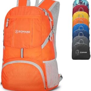 ZOMAKE Lightweight Packable Backpack 35L, Light Foldable Backpacks Water Resistant Collapsible Hiking Bag, Compact Folding Day Pack for Travel Camping(Orange)