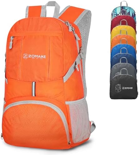 ZOMAKE Lightweight Packable Backpack 35L, Light Foldable Backpacks Water Resistant Collapsible Hiking Bag, Compact Folding Day Pack for Travel Camping(Orange)