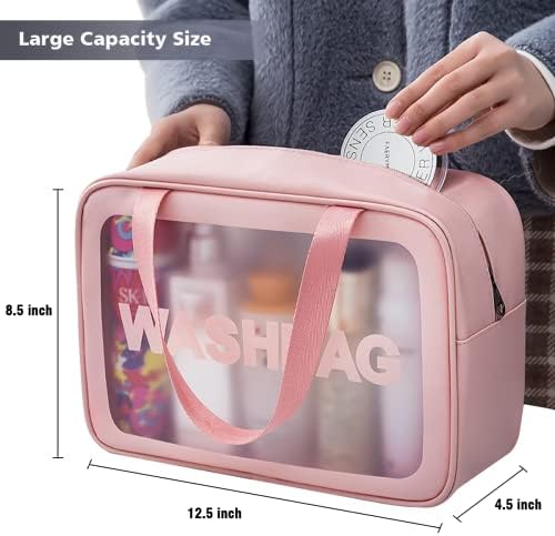 Travel Toiletry Bag for Women, Matte Translucent Toiletry Bag with Handy Handle, Makeup Cosmetic Organizer Bag for Travel Toiletries Accessories (Pink) - Image 3