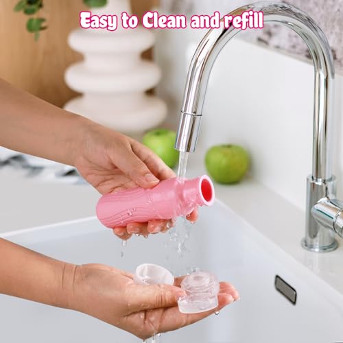 GLAMFIELDS TSA Approved Travel Bottles for Toiletries, 3oz Size Leak Proof Silicone Containers for Shampoo, Conditioner,Easy to Squeeze and Portable, Essentials for Traveling (4 Pack) Pink - Image 5