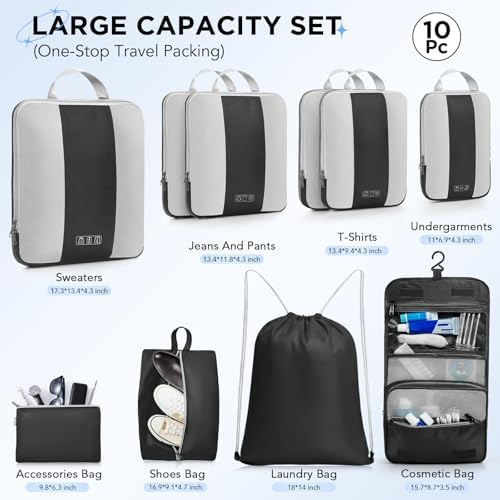 10 Set Compression Packing Cubes for Travel Essentials,Compressible Expandable Packing Cubes for Suitcase,OlarHike Luggage Organizer Bags for Travel,Handy Helper for Organizing Clothes(Black) - Image 2