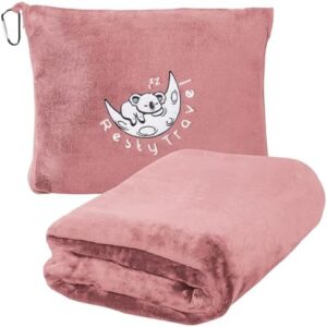 Resty Travel Blanket - Compact Airplane Blanket with Bag - Small and Lightweight Traveling Blanket & Pillow - Portable Blankets with Carabiner for Easy Transport - Plane Train Car (Pink)