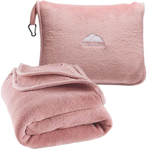 BlueHills Premium Soft Long Travel Blanket Pillow for Tall Airplane Flight Blanket 70 X48 inch Throw in Soft Bag case with Hand Luggage Belt & Backpack Clip Compact Pack Large Pink T055