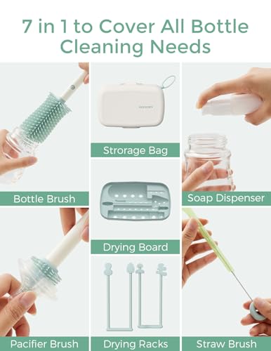 Momcozy Bottle Brush Set - Baby Bottle Cleaner Kit with Silicone Brush, Nipple Brush, Straw Brush, Soap Dispenser, Drying Rack - 7 in 1 Bottle Cleaning Tool for Home and Travel, Green - Image 5