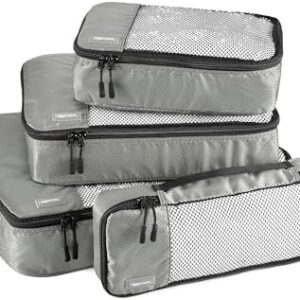Amazon Basics Packing Cubes for Travel, Packing Organizers Set, 4-Piece-Set (Slim, Small, Medium, Large) With Double Zipper Pulls and Mesh Top Panel, 100% Durable Polyester, Gray