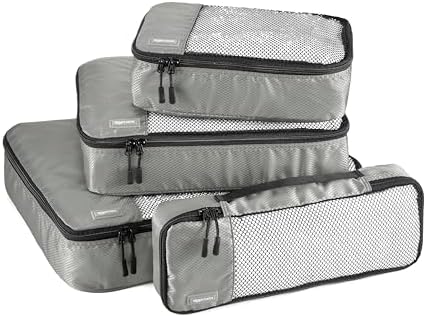 Amazon Basics Packing Cubes for Travel, Packing Organizers Set, 4-Piece-Set (Slim, Small, Medium, Large) With Double Zipper Pulls and Mesh Top Panel, 100% Durable Polyester, Gray