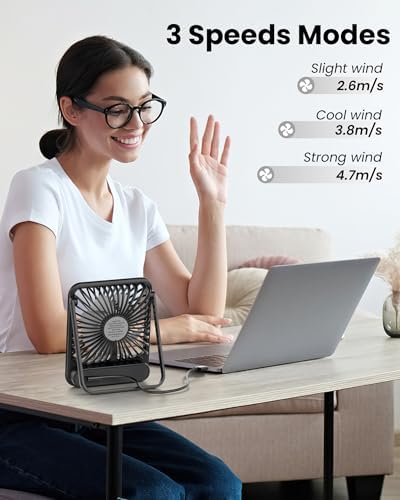 Koonie USB Desk Fan, Strong Wind Ultra Quiet Small Personal Fan with 180° Tilt Folding and 3 Speeds Adjustable, USB-C Corded Powered Mini USB Fan for Office Desktop Bedroom, 5in - Image 6