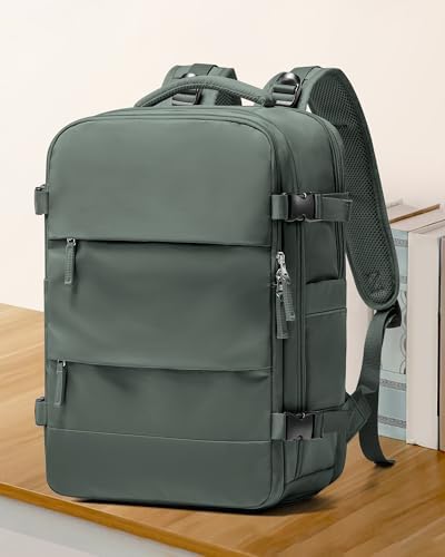 coowoz Large Travel Backpack For Women Men,Carry On Flight Approved,Hiking Waterproof Outdoor Rucksack Casual Daypack Fit 15.6 Inch Laptop Shoes Compartment (Olive Green) - Image 2