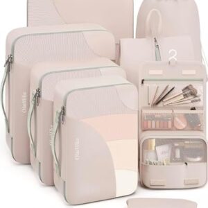 10 Set/8 Set Packing Cubes for Travel, Anti-Tearing Suitcase Organizer for Luggage with Shoe & Hanging Toiletry Bag,OlarHike Vacation Essentials & Accessories for Cruise Ship,Gifts for Women Mom,Cream