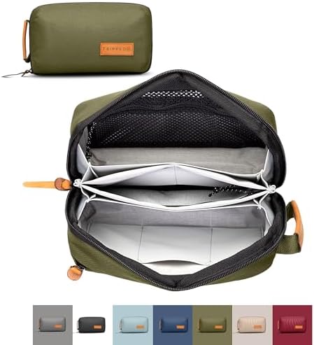 Tech Bag Organizer - Small Electronics Organizer Pouch for Travel - Premium Travel Case with Leather Accents - Mesh Pocket for Cables, Cords and Chargers (Green)