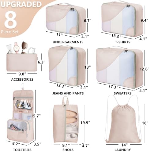 10 Set/8 Set Packing Cubes for Travel, Anti-Tearing Suitcase Organizer for Luggage with Shoe & Hanging Toiletry Bag,OlarHike Vacation Essentials & Accessories for Cruise Ship,Gifts for Women Mom,Cream - Image 2