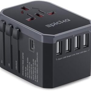 EPICKA Universal Travel Adapter, European Travel Plug Adapter - International Power Adapter Worldwide Charger with USB-C & 4 USB Ports, Travel Essentials for Italy, Japan, Europe, UK (TA-105, Grey)