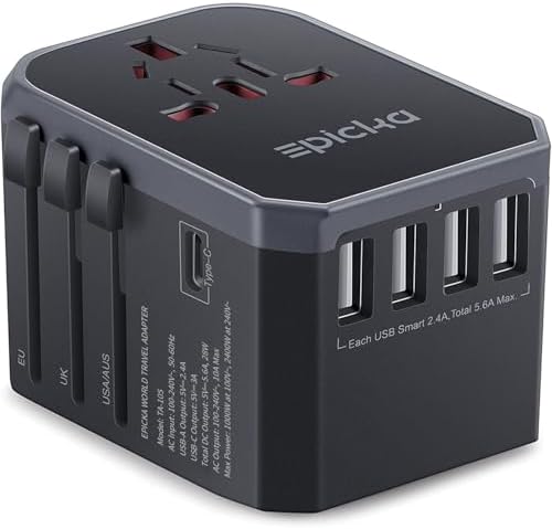EPICKA Universal Travel Adapter, European Travel Plug Adapter - International Power Adapter Worldwide Charger with USB-C & 4 USB Ports, Travel Essentials for Italy, Japan, Europe, UK (TA-105, Grey)