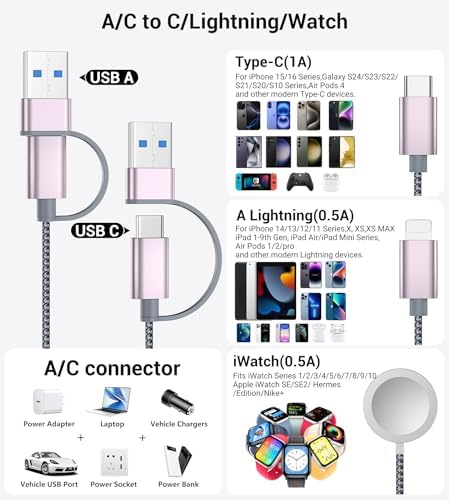 Temdan for Apple Watch Charger,3 in 2 USB C Cable for iPhone 16 Charger/Type C/Lightning Multi Charging Cable Travel Essentials PS/2 Cables Compatible with iWatch Ultra/SE/10-1&iPhone 16-12-4FT - Image 2
