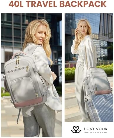 LOVEVOOK Travel Backpack For Women, 40L Carry On Backpack Flight Approved, TSA Personal Item Travel Bag Fits 17 Inch Laptop, Business Weekender Overnight Waterproof Daypack With 2 Cubes, Grey-Pink - Image 10