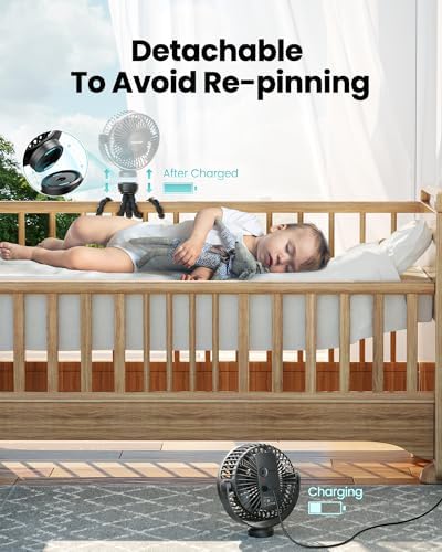 Gaiatop Mini Portable Stroller Fan, Battery Operated Small Clip on, Detachable 3 Speed Rechargeable, 360° Rotate Flexible Tripod Better Cooling for Car Seat Crib Treadmill Travel Black - Image 4