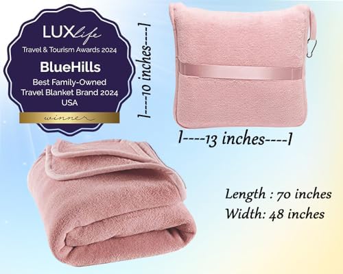 BlueHills Premium Soft Long Travel Blanket Pillow for Tall Airplane Flight Blanket 70 X48 inch Throw in Soft Bag case with Hand Luggage Belt & Backpack Clip Compact Pack Large Pink T055 - Image 3