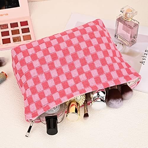 2 Pieces Makeup Bag Large Checkered Cosmetic Bag Capacity Canvas Mix Travel Toiletry Bag Organizer Cute Makeup Brushes Aesthetic Accessories Storage Bag for Women, Checkered Mix Rose Red - Image 5