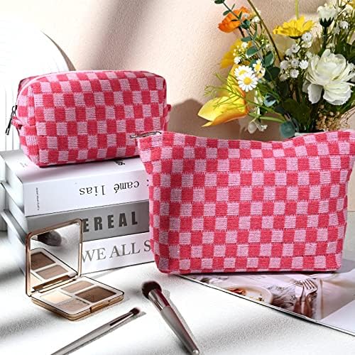 2 Pieces Makeup Bag Large Checkered Cosmetic Bag Capacity Canvas Mix Travel Toiletry Bag Organizer Cute Makeup Brushes Aesthetic Accessories Storage Bag for Women, Checkered Mix Rose Red - Image 2