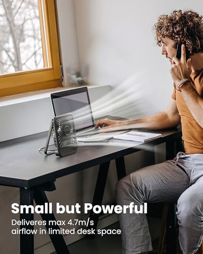 Koonie USB Desk Fan, Strong Wind Ultra Quiet Small Personal Fan with 180° Tilt Folding and 3 Speeds Adjustable, USB-C Corded Powered Mini USB Fan for Office Desktop Bedroom, 5in - Image 2