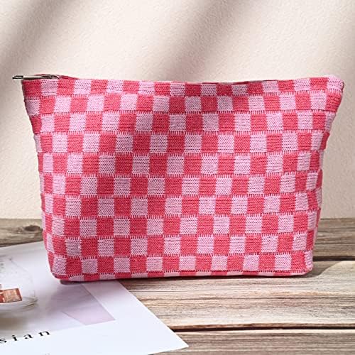 2 Pieces Makeup Bag Large Checkered Cosmetic Bag Capacity Canvas Mix Travel Toiletry Bag Organizer Cute Makeup Brushes Aesthetic Accessories Storage Bag for Women, Checkered Mix Rose Red - Image 6