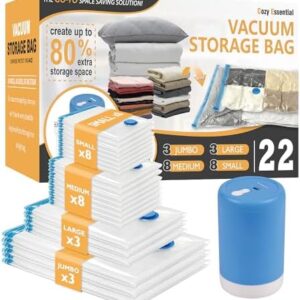 Vacuum Storage Bags with Electric Pump, 22 Pack (3 Jumbo/3 Large/8 Medium/8 Small) Vacuum Seal Space Saver Bags for Clothing, Pillows, Blanket, Bedding, Comforters