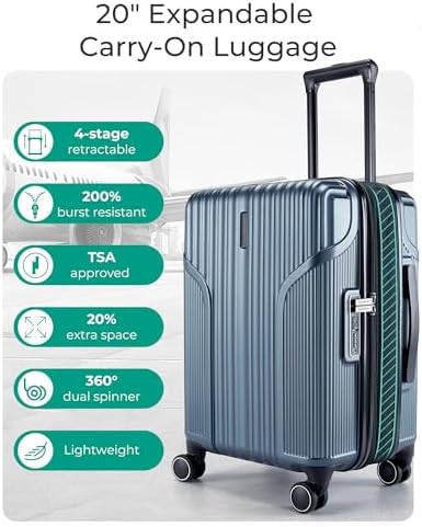 BAGSMART Expandable Carry On Luggage 22x14x9 Airline Approved, Carry-On Suitcase with Spinner Wheels, Hardside Polycarbonate Rolling Travel Luggage with TSA Lock 20-Inch, Blue - Image 3