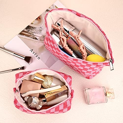 2 Pieces Makeup Bag Large Checkered Cosmetic Bag Capacity Canvas Mix Travel Toiletry Bag Organizer Cute Makeup Brushes Aesthetic Accessories Storage Bag for Women, Checkered Mix Rose Red - Image 4