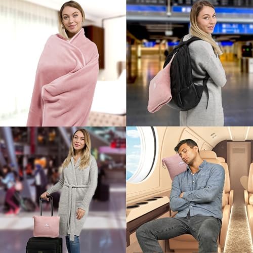 BlueHills Premium Soft Long Travel Blanket Pillow for Tall Airplane Flight Blanket 70 X48 inch Throw in Soft Bag case with Hand Luggage Belt & Backpack Clip Compact Pack Large Pink T055 - Image 2