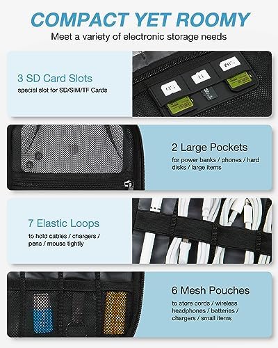 BAGSMART Electronics Travel Organizer Case, Tech Accessories Cord Storage Bag for Phone, Power Bank, SD Card, Cables, Black - Image 3