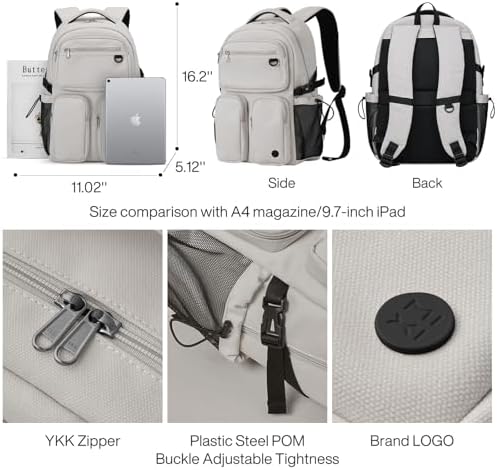 Mixi Travel Laptop Backpack, Lightweight Durable School Bookbag Men Woman 15.6" Computer Bag, Water Resistant Outdoor Hiking Backpacks With Multifunction Pockets, 17 Inch, Beige - Image 3