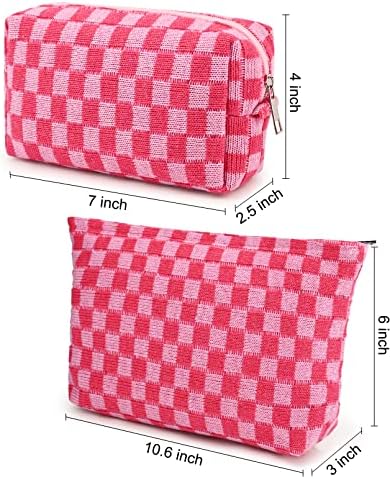 2 Pieces Makeup Bag Large Checkered Cosmetic Bag Capacity Canvas Mix Travel Toiletry Bag Organizer Cute Makeup Brushes Aesthetic Accessories Storage Bag for Women, Checkered Mix Rose Red - Image 3