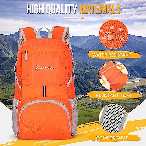 ZOMAKE Lightweight Packable Backpack 35L, Light Foldable Backpacks Water Resistant Collapsible Hiking Bag, Compact Folding Day Pack for Travel Camping(Orange) - Image 4