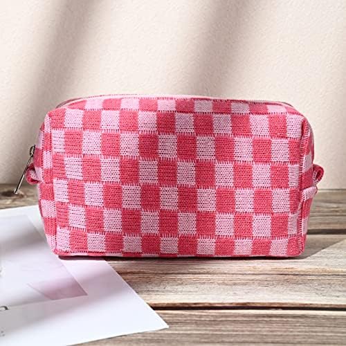 2 Pieces Makeup Bag Large Checkered Cosmetic Bag Capacity Canvas Mix Travel Toiletry Bag Organizer Cute Makeup Brushes Aesthetic Accessories Storage Bag for Women, Checkered Mix Rose Red - Image 7