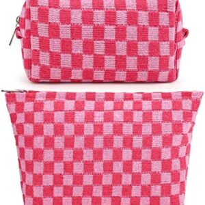 2 Pieces Makeup Bag Large Checkered Cosmetic Bag Capacity Canvas Mix Travel Toiletry Bag Organizer Cute Makeup Brushes Aesthetic Accessories Storage Bag for Women, Checkered Mix Rose Red
